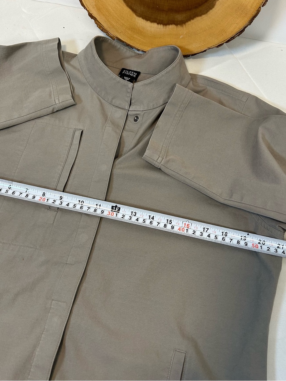 Eileen Fisher Khaki Canvas Shirt Jacket Button Up Mandarin Collar Women’s Large - Picture 6 of 7